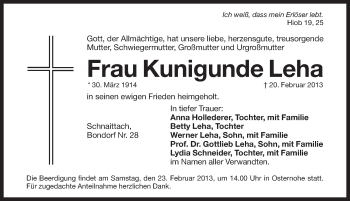 Traueranzeige von Kunigunde Leha von Pegnitz-Zeitung
